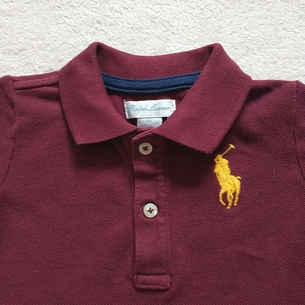 Ralph Lauren Polo Shirt Baby Boy 6M Red Burgundy Big Yellow Pony 3 Preppy